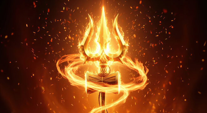 Golden Shiva trident or trishula glowing with divine light and swirling fire flames with sparks