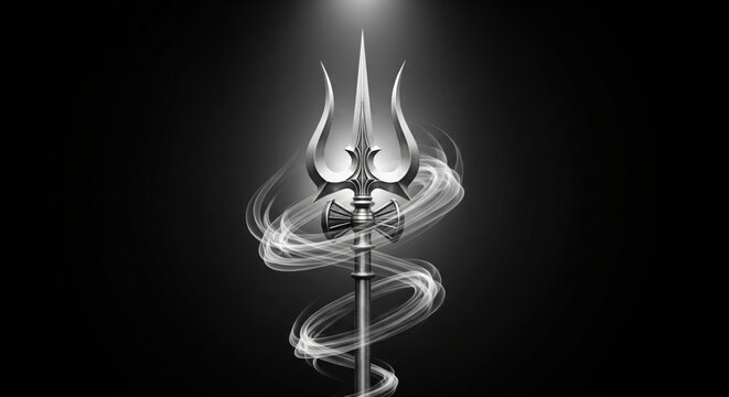 Shiva Trishula or trident surrounded by swirling smoke rings with dark background and bright aura