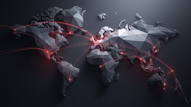 A Geometric World Map Connecting Global Points with Bright Red Lines Indicating Data Movement and Connectivity Across Continents - Powered by Adobe