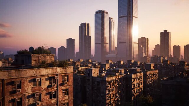 Urban cityscape featuring dilapidated buildings and modern skyscrapers during sunset with orange sky. Highlighting themes of urban decay, textured walls, and rooftop vegetation.