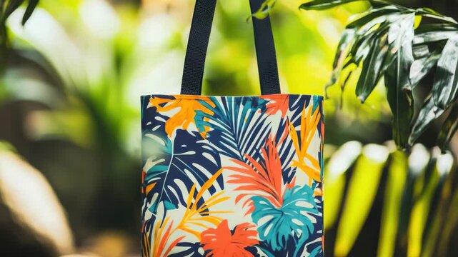 A colorful bag with palm trees on it. The bag is green and blue. It is hanging from a tree