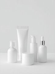 White cosmetic bottles and tubes on clean surface for skincare product branding