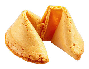 Close-up studio shot of a broken fortune cookie, revealing its golden, layered interior