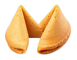 A close-up studio shot of a delicious, freshly baked fortune cookie, isolated on black background