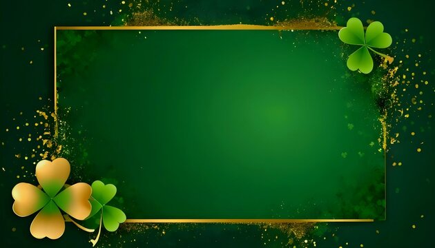 Card template with empty space for St. Patrick's Day with green four and clover on green background, with gold splashes for party invitation design. Banner, created with generative ai