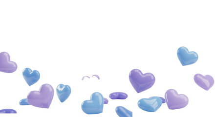 Obraz premium Numerous translucent blue and purple gel-like heart shapes of diverse sizes gently rising/falling on a transparent background with copy space above, concept of love and celebration