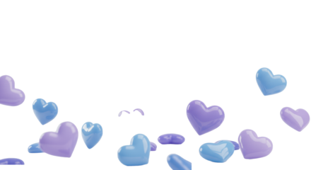 Numerous translucent blue and purple gel-like heart shapes of diverse sizes gently rising/falling on a transparent background with copy space above, concept of love and celebration