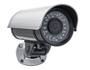 Modern gray security camera with infrared LEDs, mounted for monitoring, isolated on a black background