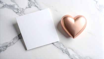 Elegant blank white card and a radiant rose gold heart, beautifully set on a luxurious white marble surface, perfect for romantic messages, custom notes, or special invitations