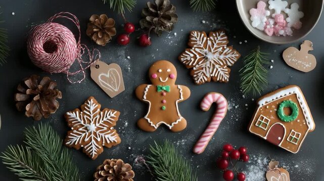 クリスマス菓子と飾りを平置きした、華やかなホリデー構図