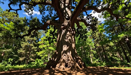 Ancient Tree in Sunlit Forest