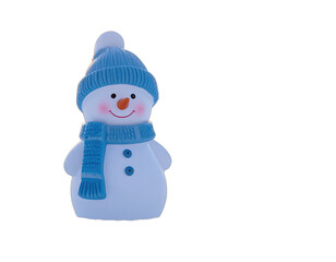 Adorable ceramic winter figure with blue scarf, hat, and smiling face against black background