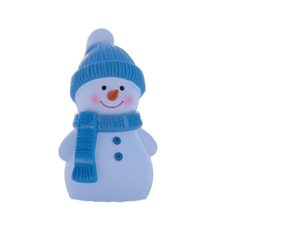 Adorable ceramic winter figure with blue scarf, hat, and smiling face against black background