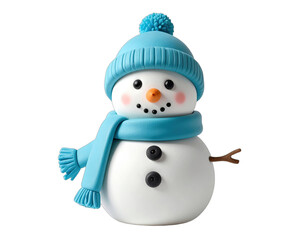 A charming, sculpted snowman with a blue hat, scarf, and twig arms against a black backdrop