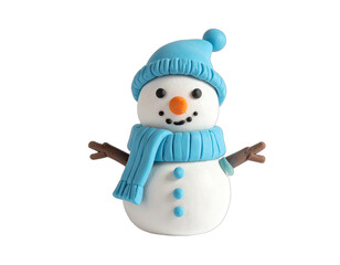 A whimsical snowman figurine with a blue hat, scarf, and twig arms. Snow-covered background