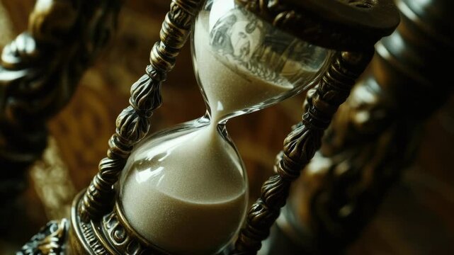 The features an intricately designed antique hourglass with gold frames and beading around its neck. The sand is running out from the bottom chamber, indicating the passage of time.