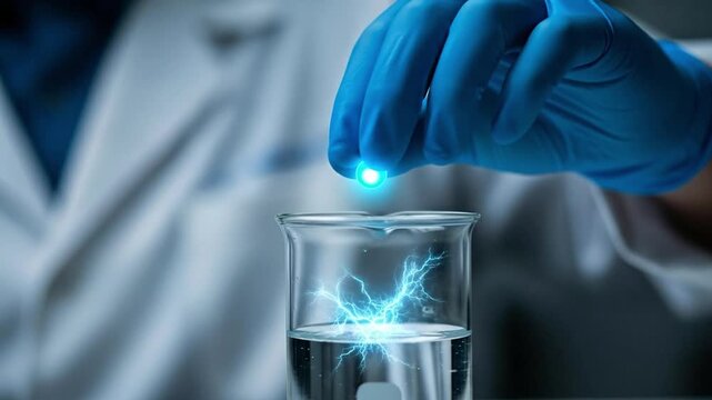 Scientist's gloved hand conducting an electrical experiment with blue lightning in a laboratory beaker filled with clear liquid
