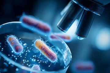 A magnified view of bacteria and viruses under a laboratory microscope lit by a blue light.