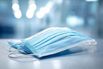 A protective face mask lying folded on a clean, medical-grade surface, symbolizing public health measures and safety.