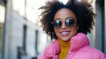 A cheerful woman wearing a pink coat and sunglasses smiling for the camera.