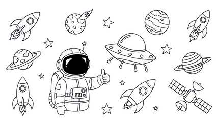 Astronaut and space elements black and white illustration for design © fransiskaaa