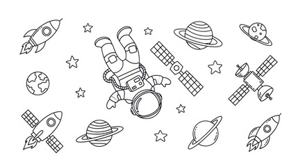 Astronaut and space elements black and white vector illustration © fransiskaaa