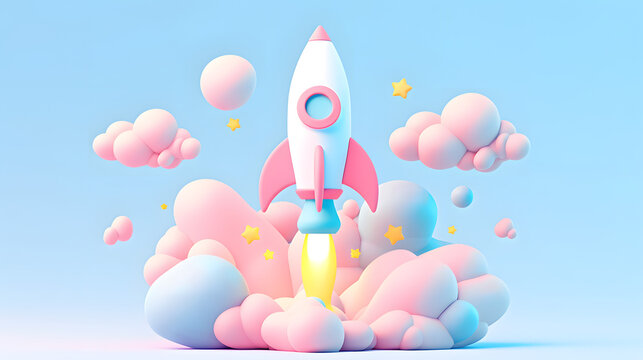 雲の中から発射するパステルカラーのロケット　クレイモーフィズム風の3Dイラスト　スタートアップと成長