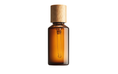 Glass bottle of aromatherapy massage oil featuring wooden top for easy application and calming spa treatments at home isolated on transparent background PNG