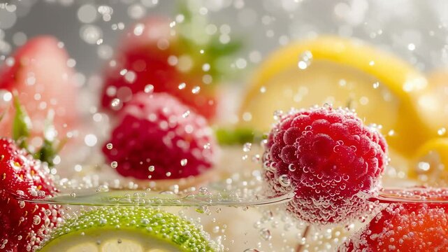 Fresh raspberries and citrus slices splashing in clear water, capturing freshness, hydration, and healthy food concept with bright natural colors