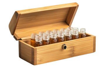 Natural bamboo essential oil box with glass compartments designed for convenient, secure, and stylish storage isolated on transparent background PNG