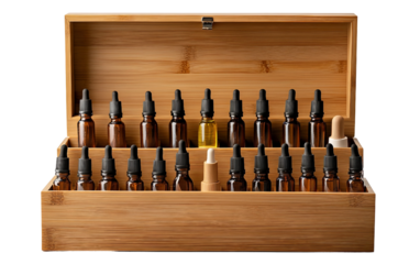 Natural bamboo essential oil organizer with open slots created for home, spa, and wellness routine management isolated on transparent background PNG