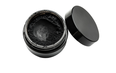 Natural charcoal dental powder jar designed for home teeth whitening, fresh breath, and oral hygiene isolated on transparent background PNG