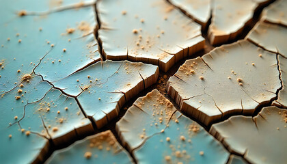 Close-up of cracked and dried earth with a turquoise background and brown cracks and small particles scattered throughout.