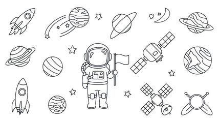 Astronaut and space elements illustration set rocket planets stars and satellite © kesyaaa
