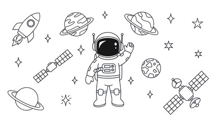 Astronaut exploring space with planets rocket and satellites in cartoon illustration © kesyaaa