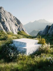 Stone platform surrounded by lush natural grass and breathtaking mountain landscape.