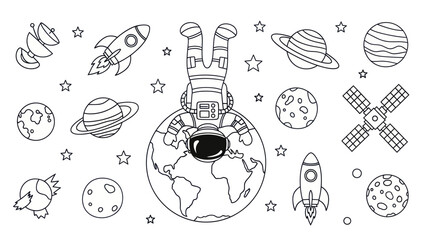 Astronaut floating above earth with space elements monochrome illustration © kesyaaa