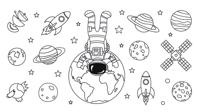 Astronaut floating above earth with space elements monochrome illustration