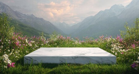 A marble platform in front of a mountain landscape with flowers.