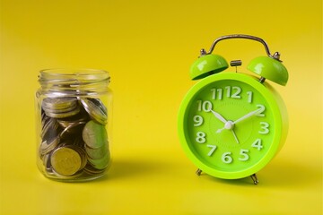 Green alarm clock and jar filled with coins on yellow background