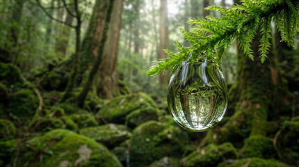 Macro photograph of a large clear water droplet hanging from lush green moss, containing an inverted reflection of an ancient forest and sunlight. Yakushima, Japan.