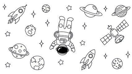 Astronaut in space with rockets and planets illustration on white background © masyaa