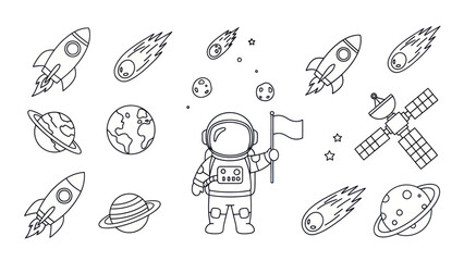 Astronaut in space with rockets comets planets and satellite outline © masyaa