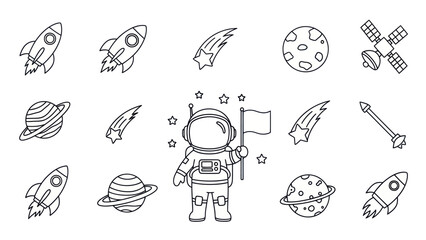 Astronaut in space with rockets planets and celestial bodies vector illustration