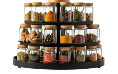 Modern rotating spice rack featuring digital interface ideal for keeping spices fresh and neatly arranged isolated on transparent background PNG