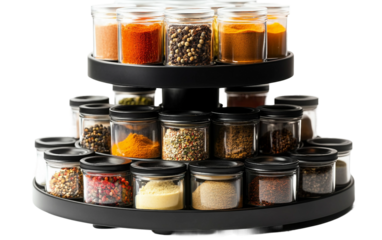 Compact spice rack with rotating mechanism suitable for small kitchens, countertop organization, and meal preparation isolated on transparent background PNG