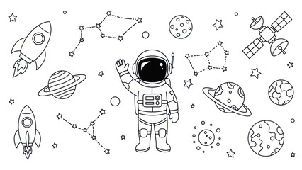 Astronaut in space with rockets planets and constellations vector illustration © masyaa