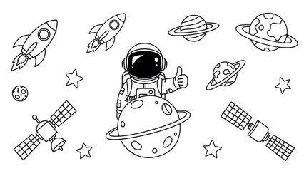 Astronaut in space with rockets planets and satellites vector illustration © masyaa