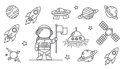 Astronaut in space with rockets planets and spacecrafts vector illustration © masyaa