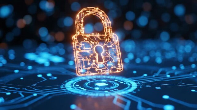 Glowing orange padlock on a blue circuit board. Network security concept, cyber data protection and information privacy concept under 150 character.